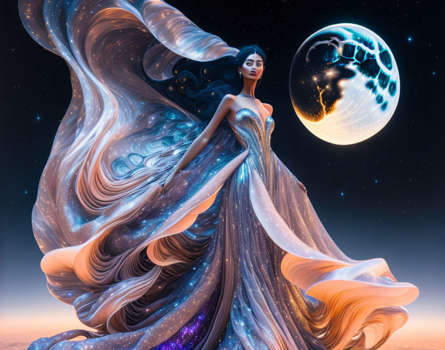 Surreal image of woman in flowing gown against night sky with glowing moon