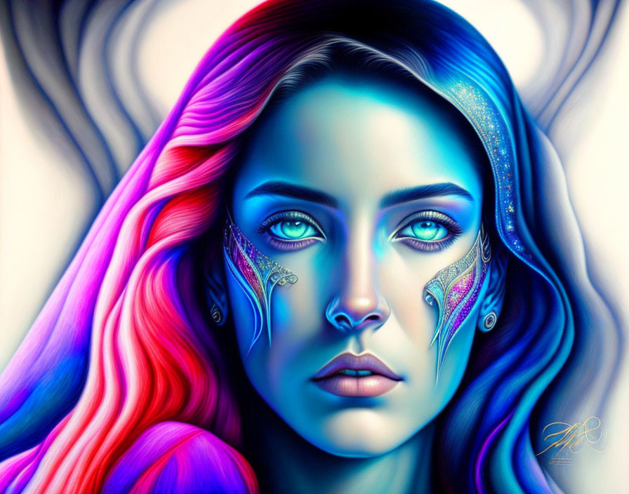 Colorful digital portrait of a woman with multicolored hair and blue eyes, showcasing intricate facial markings