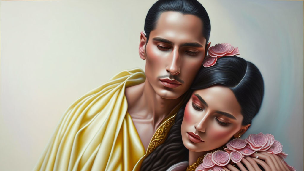 Illustrated portrait of man and woman in intimate pose in traditional attire