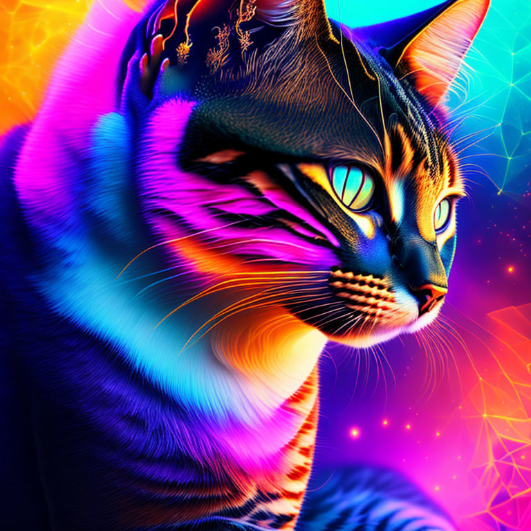 Colorful Digital Artwork: Cat with Blue Eyes in Cosmic Setting