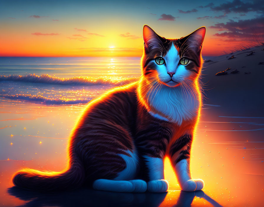 Striking Green-Eyed Cat on Beach at Vibrant Sunset