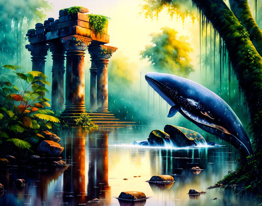 Whale leaping from forest waterbody among ancient ruins and glowing flora