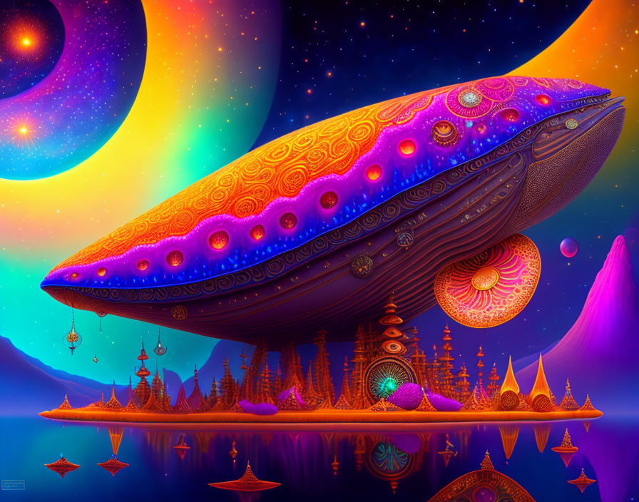Colorful psychedelic alien spaceship art over fantasy cityscape.