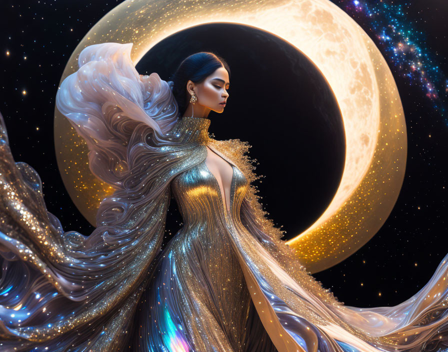 Elaborate Golden Gown on Regal Woman in Cosmic Setting