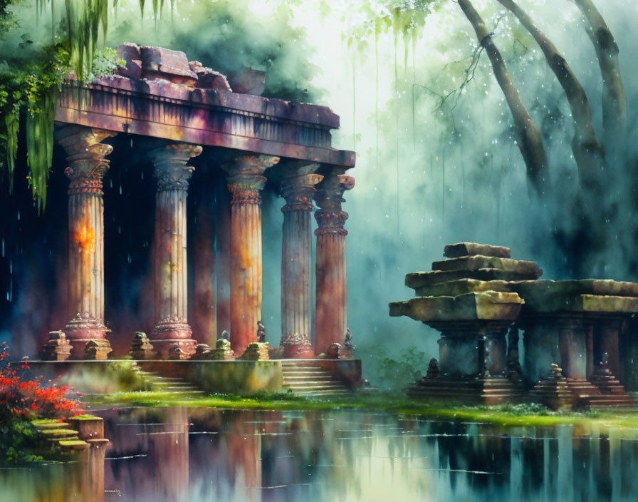 Stone pillars and ruins in misty forest by reflective water