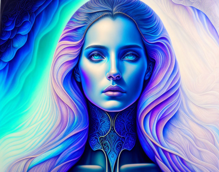 Colorful digital artwork: Woman with flowing blue and purple hair, intricate neck patterns.