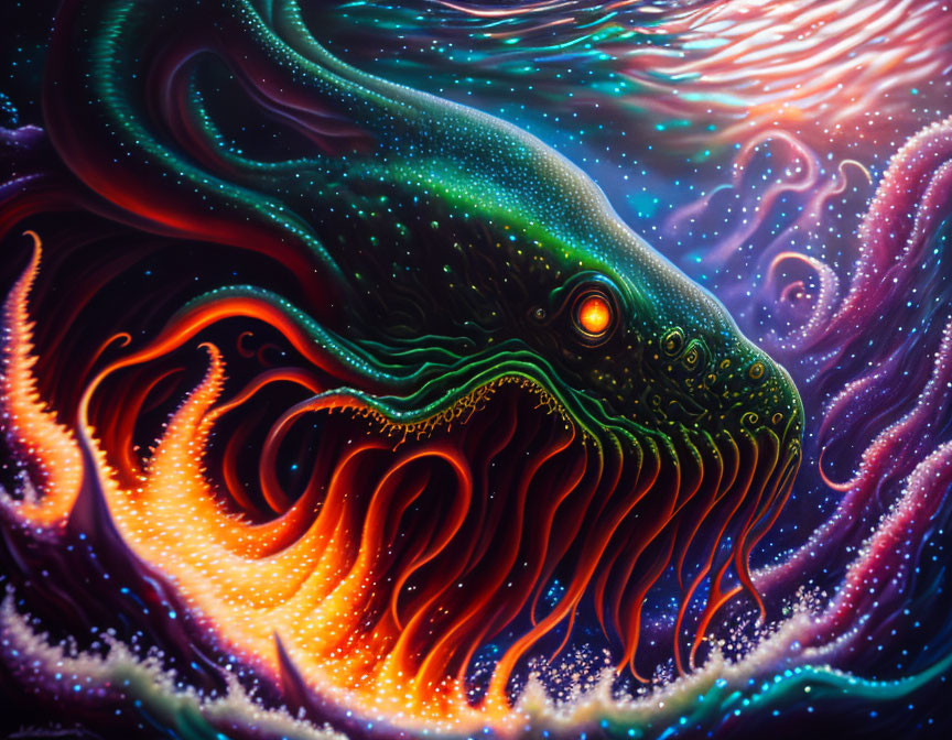 Colorful cephalopod creature in vibrant swirling painting
