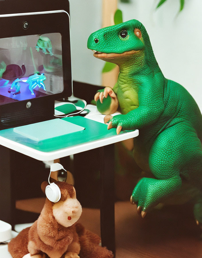 Toy Dinosaur with Headphones and Teddy Bear on Desk