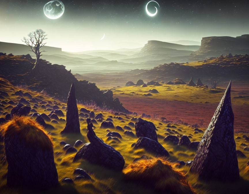 Surreal landscape with grass-covered rocks and multiple moons in the sky