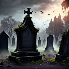 Eerie Gothic cemetery with fog, skull tombstone, bats, dusky sky