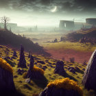 Surreal landscape with grass-covered rocks and multiple moons in the sky