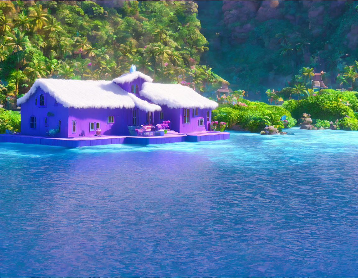 Vibrant digitally rendered purple house in tropical setting