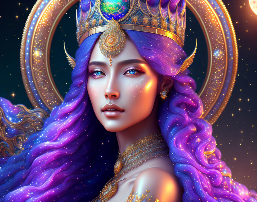 Fantasy digital artwork of female character with purple hair and crown against starry background