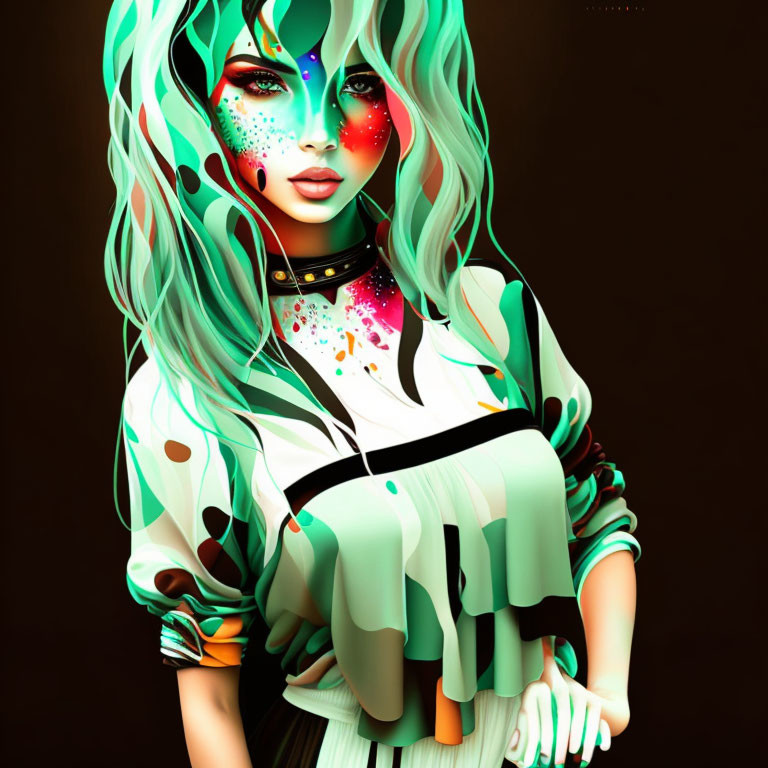 Vibrant teal hair woman in colorful digital artwork
