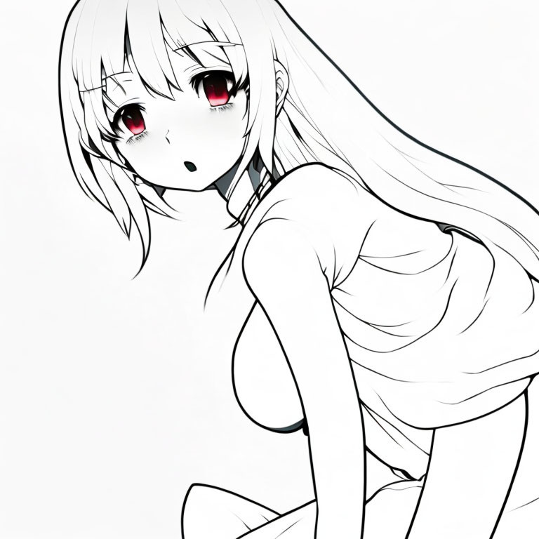 Monochrome anime girl with long hair and red eyes, wearing a collar