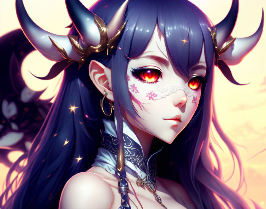 white demon anime girl with two horns 