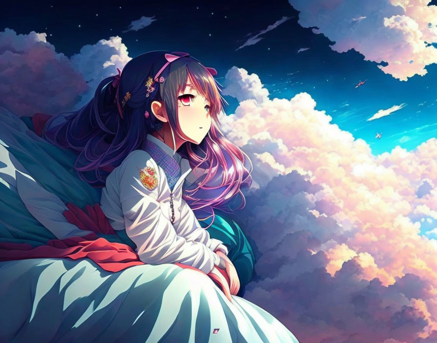 Purple-haired anime girl sitting under dusk skies with clouds.