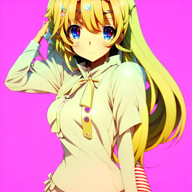 Blonde Haired Anime Girl in White Shirt on Pink Background
