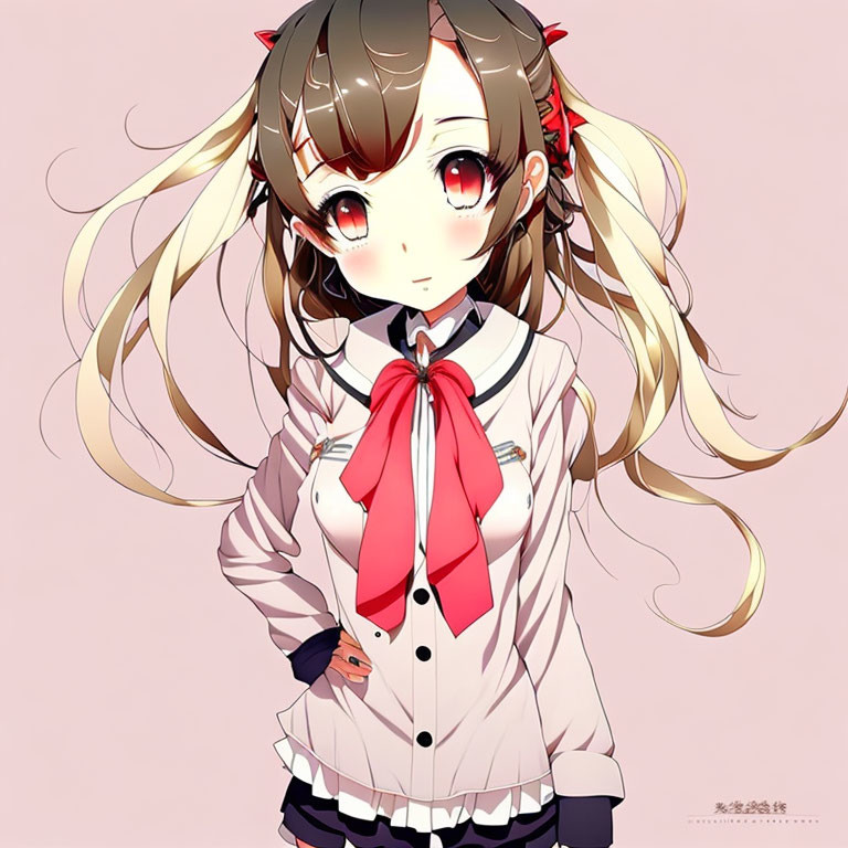 Long wavy hair anime girl in white and black uniform with red bows and ribbon tie, surprised expression