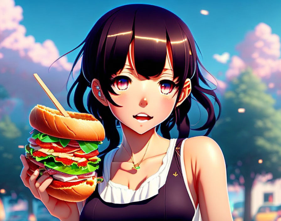 Dark-haired girl holding giant hamburger with surprised expression in sunny outdoor setting