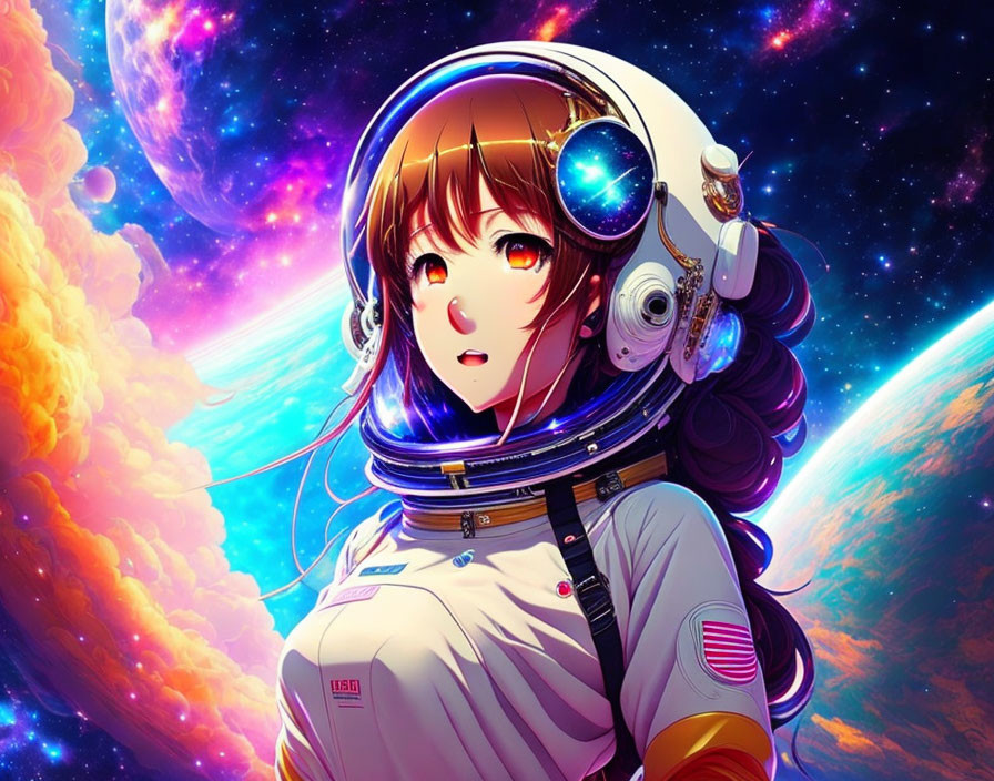 Young astronaut with brown hair in space helmet against cosmic backdrop