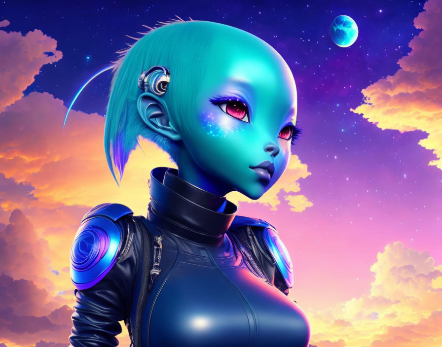 Futuristic female alien with blue skin and cybernetic features in space scene