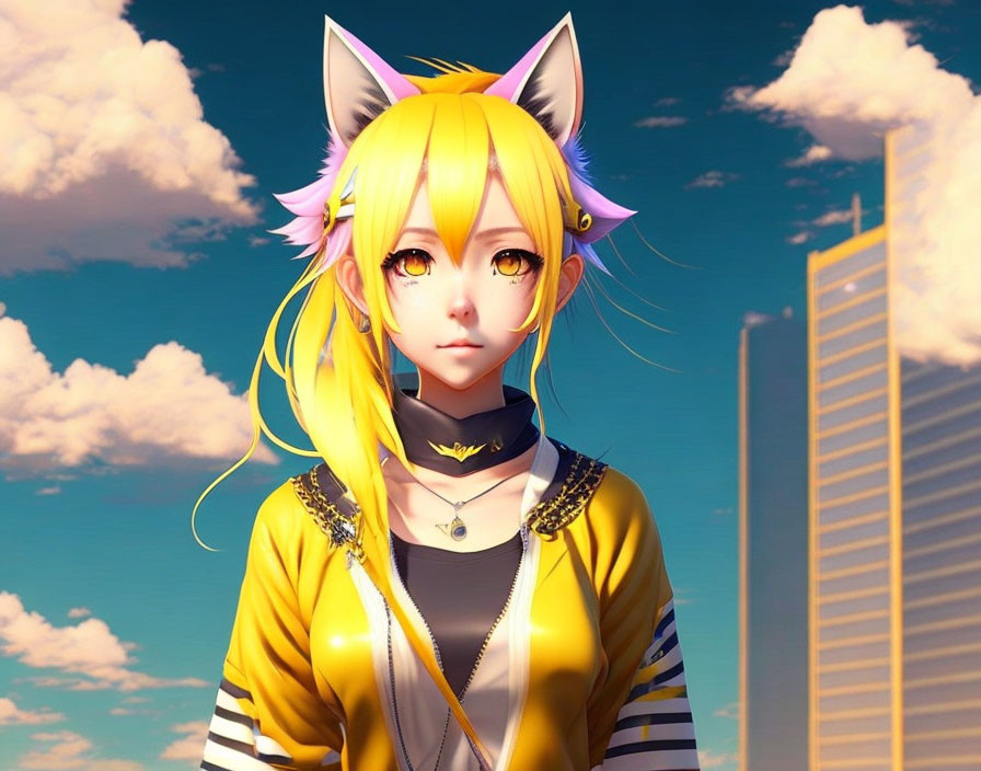 so cute anime girl, yellow hair, cat ears