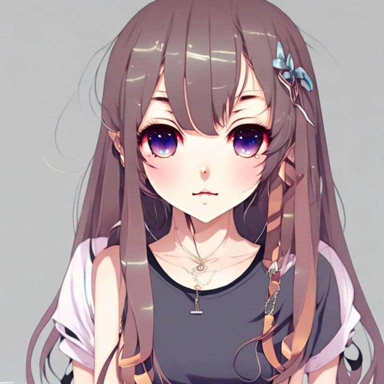 Anime girl digital artwork with purple eyes, brown hair, and black top.