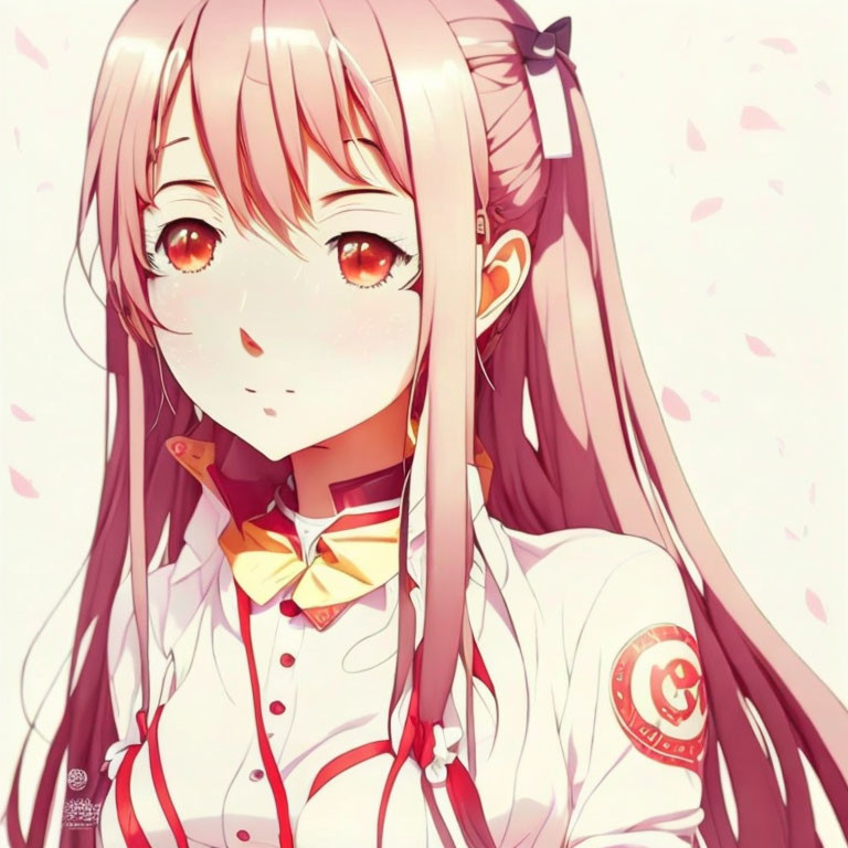 Anime Girl with Long Pink Hair and Amber Eyes in White and Red Uniform, Surrounded by Falling Pet