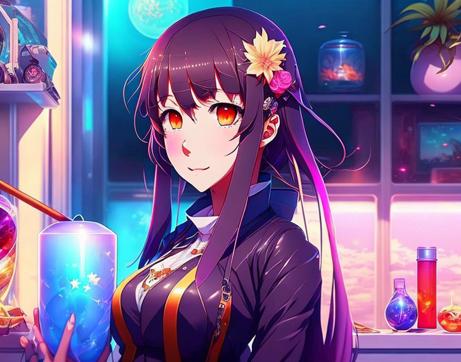 Long-haired animated girl with red eyes holding a blue potion in magical shop