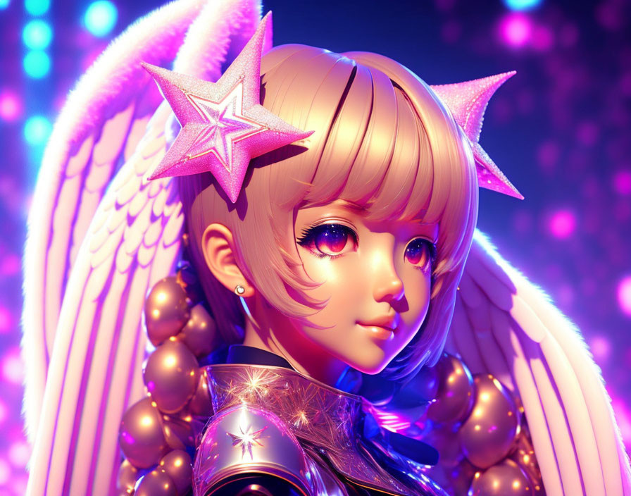 Digital Artwork: Angelic Character with Glowing Star Hair Clips