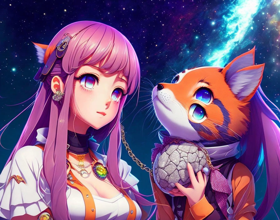 Purple-haired girl and fox-like creature with rock under starry sky