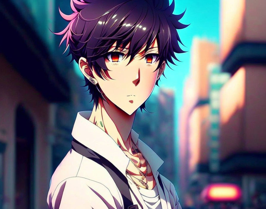 Dark-haired anime character in white shirt and gold chain against city backdrop