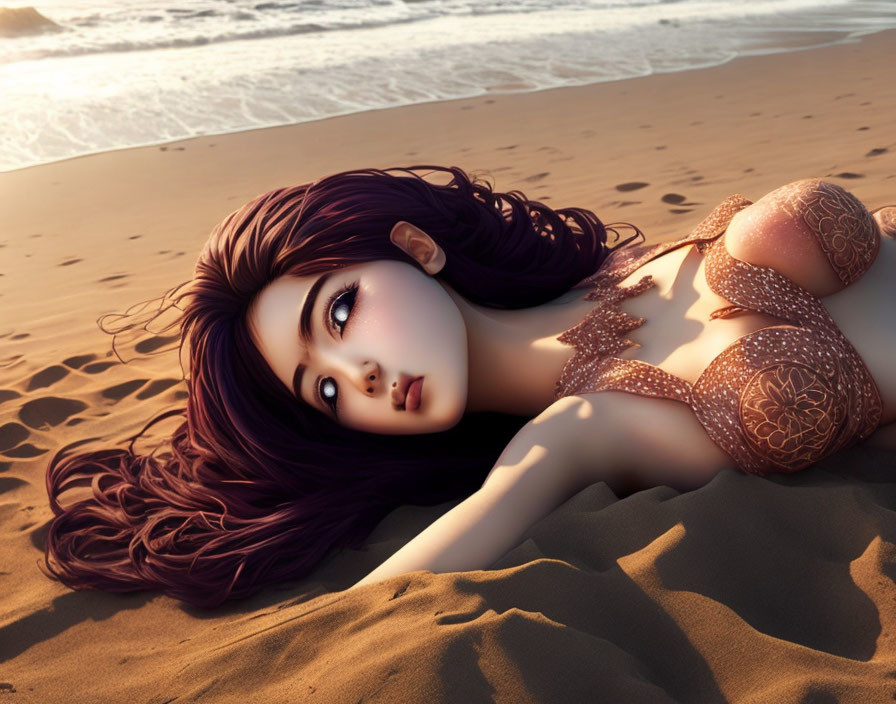 Purple-haired mermaid with shell bra on beach, waves in background