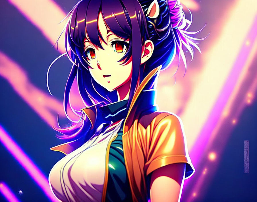 Anime character with long black hair and green eyes in blue and orange outfit on dynamic background