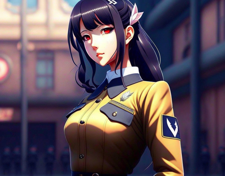 Animated character in military uniform with long black hair standing confidently