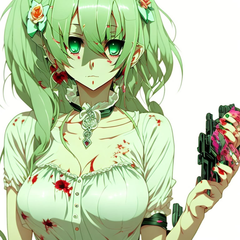 Anime girl with green hair and red eyes, floral gun and dress with bloodstains