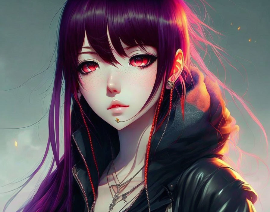 Purple-haired anime character with red eyes, earrings, black jacket, and floating light particles