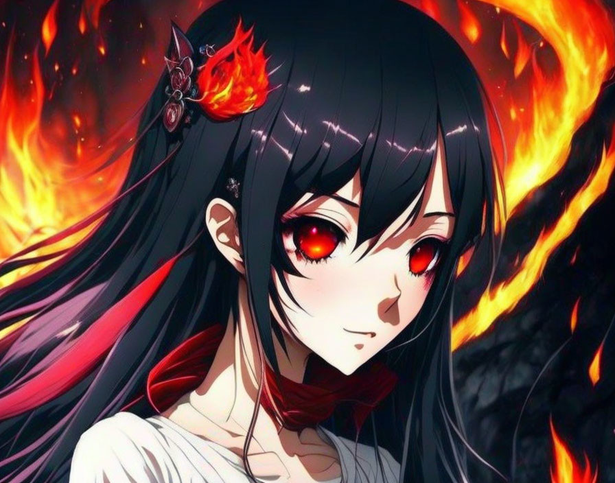 Black-Haired Animated Character with Red Eyes and Flaming Flower Accessory