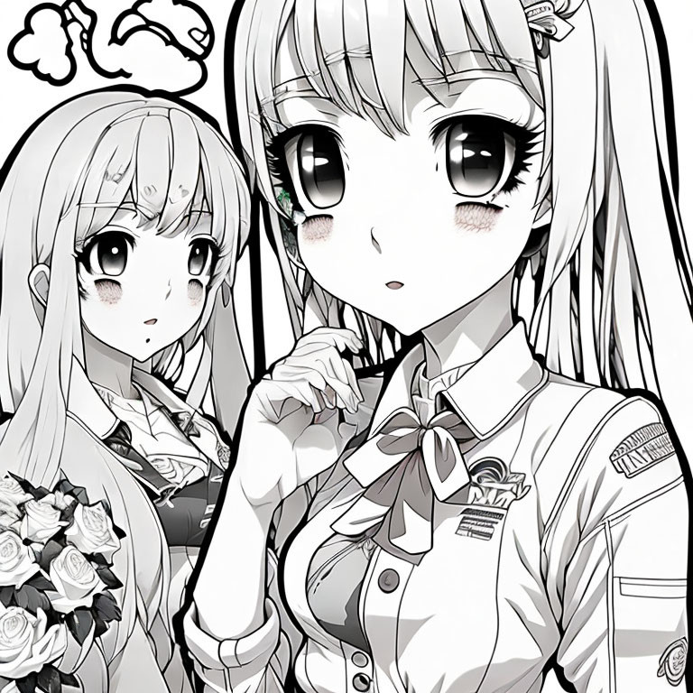 Anime-style black and white illustration of two girls in school uniforms with floral accents