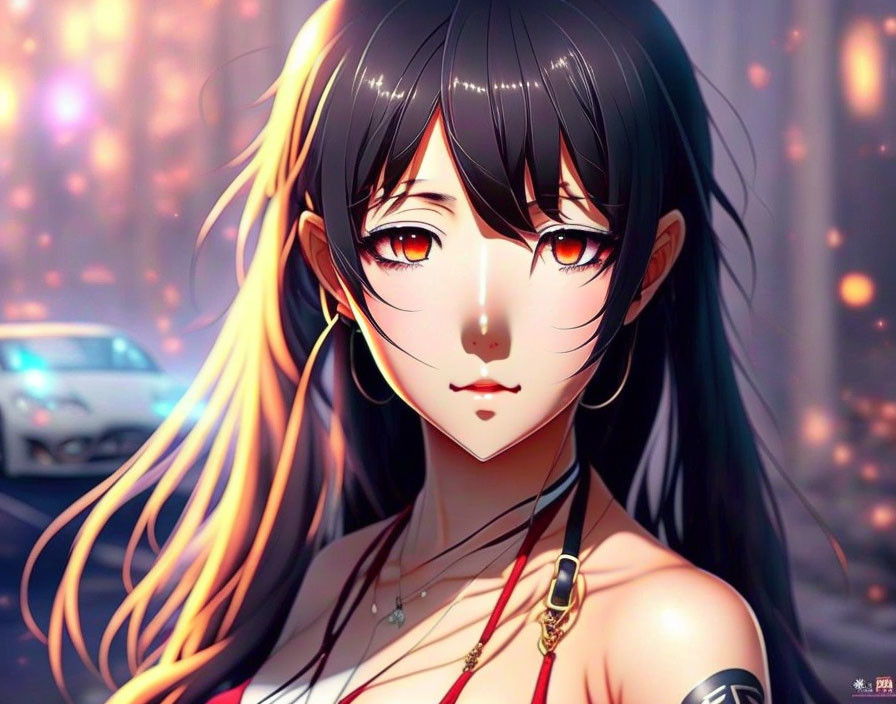 Digital art of female anime character with long black hair and amber eyes against city backdrop with bokeh lights