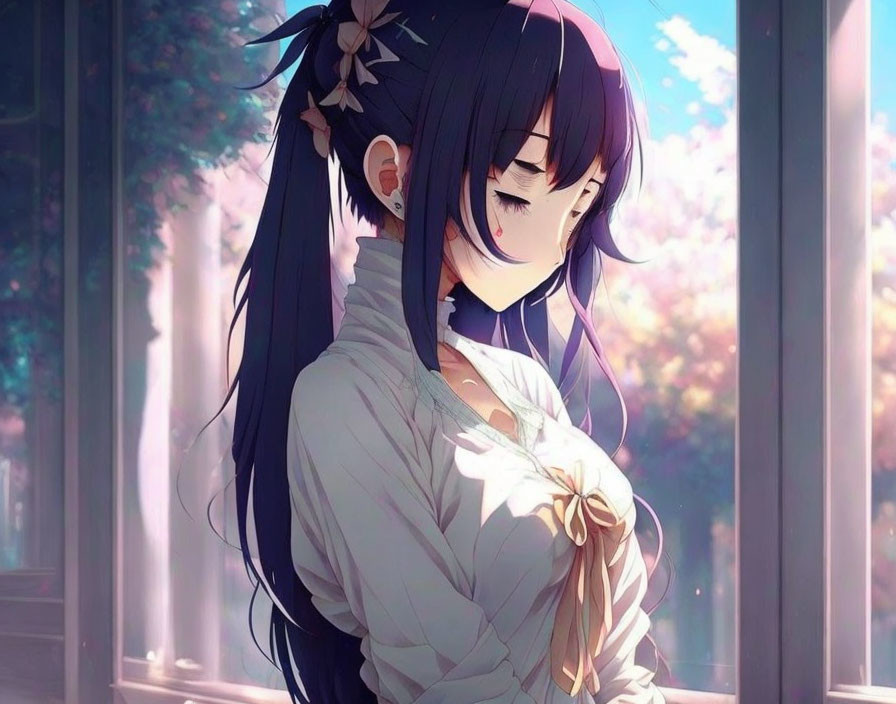 Long black hair anime girl in white blouse by window with sunlight and leaves