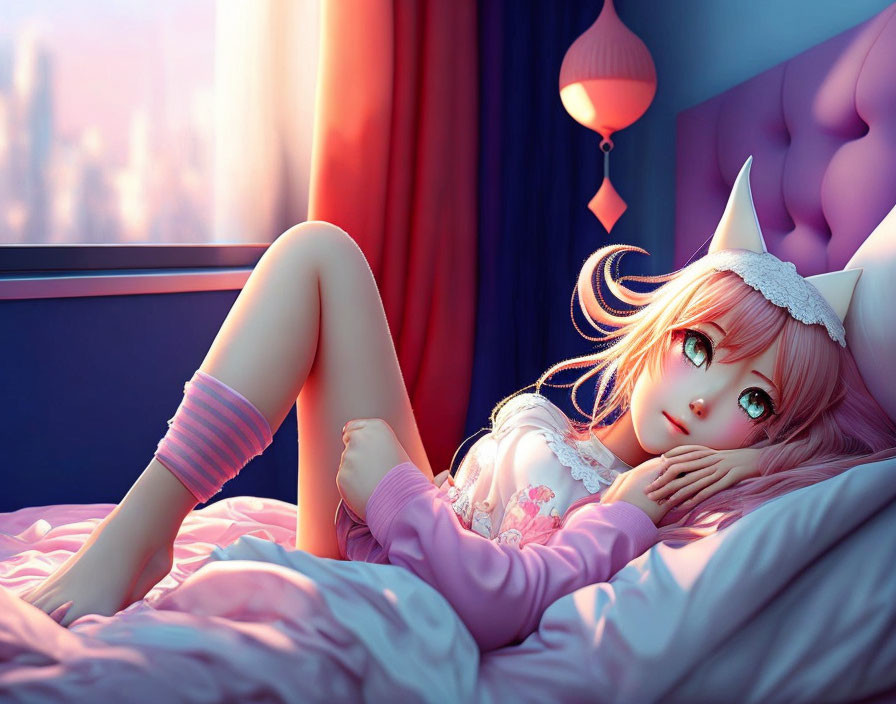 Anime girl with cat ears on bed gazes at viewer with cityscape at sunset