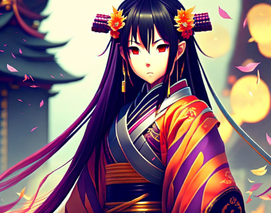 Character with Long Purple Hair in Orange Kimono and Red Hairpins with Falling Petals