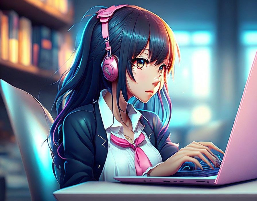 Long-haired animated girl with headphones using laptop in evening-lit room