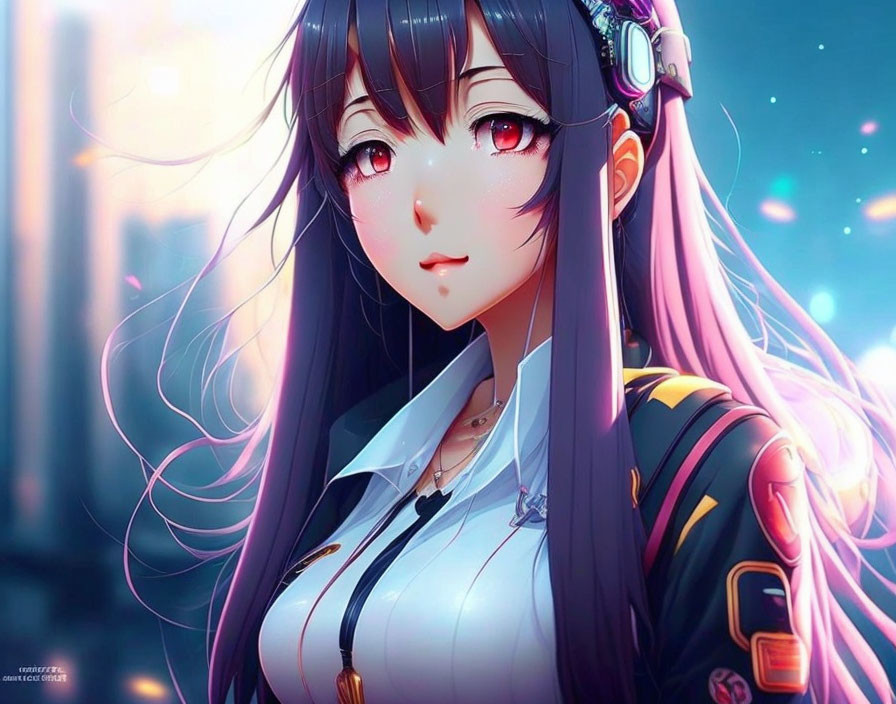 Anime-style digital art of girl with long dark hair, red eyes, and headphones in futuristic cityscape