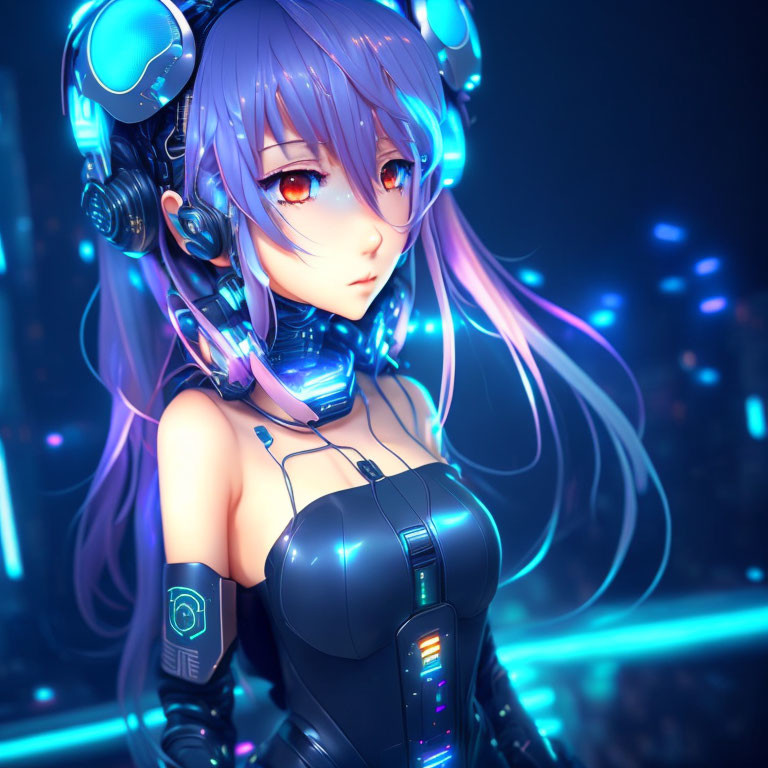 Futuristic female character with purple hair in cybernetic suit and advanced headphones in neon-lit