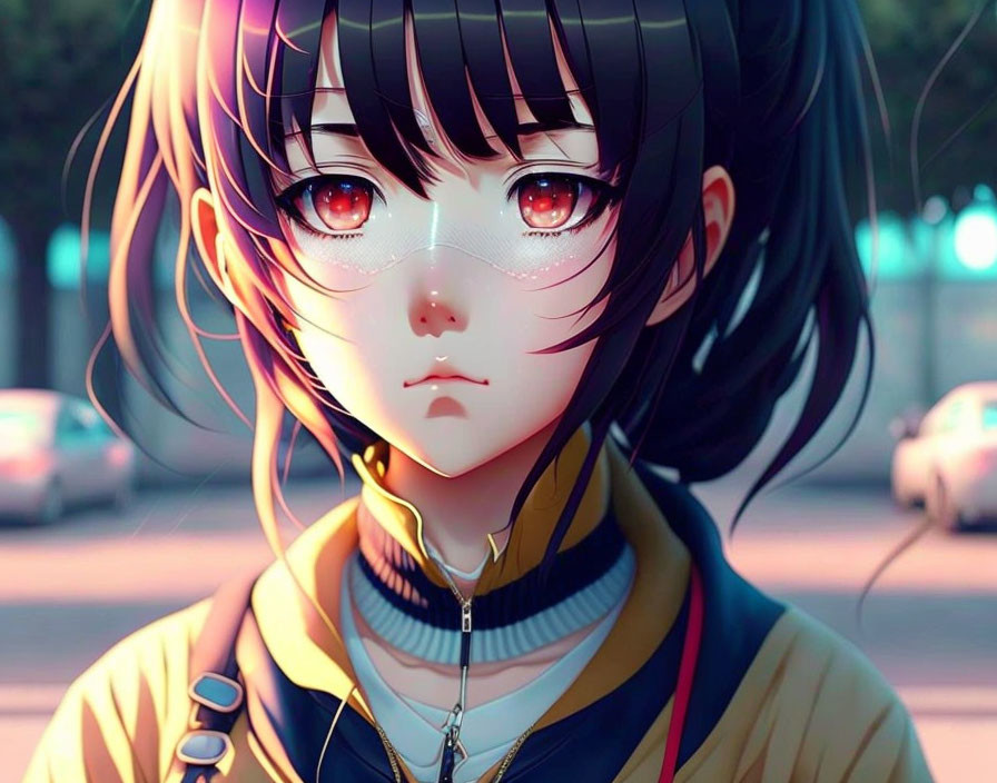 Anime-style girl with red eyes and black hair in yellow jacket, headphones, cityscape background at twilight