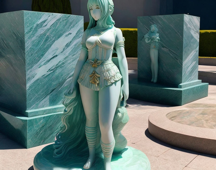 Green-haired female anime character statue in blue and white costume among two statues outdoors