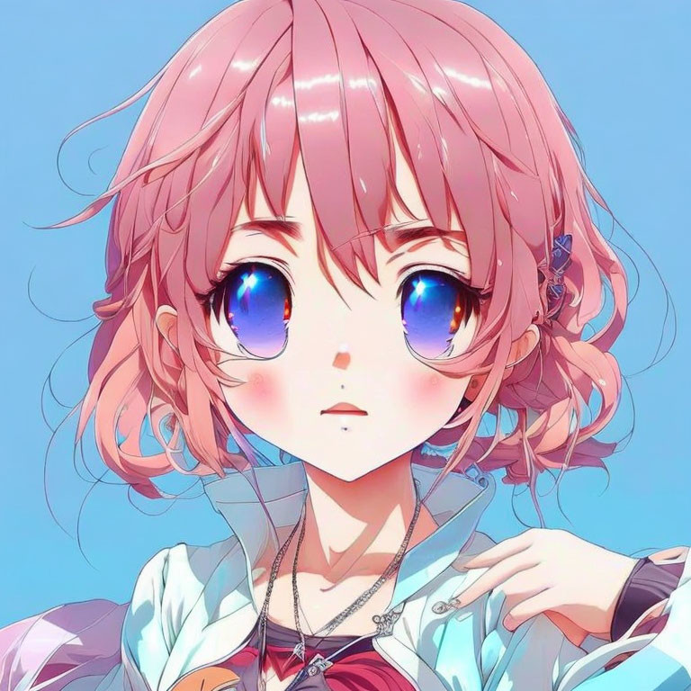 Digital illustration: Girl with pink hair, blue eyes, hair clips, necklace, white jacket under blue